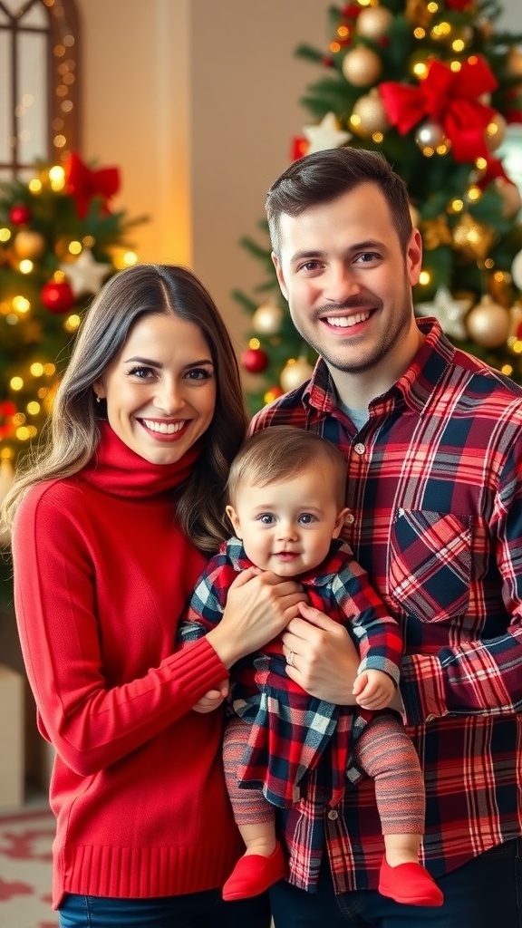 Stylish Christmas Card Outfit Ideas for a Family of 3 A family of three in coordinated Christmas outfits, smiling in front of a decorated Christmas tree.